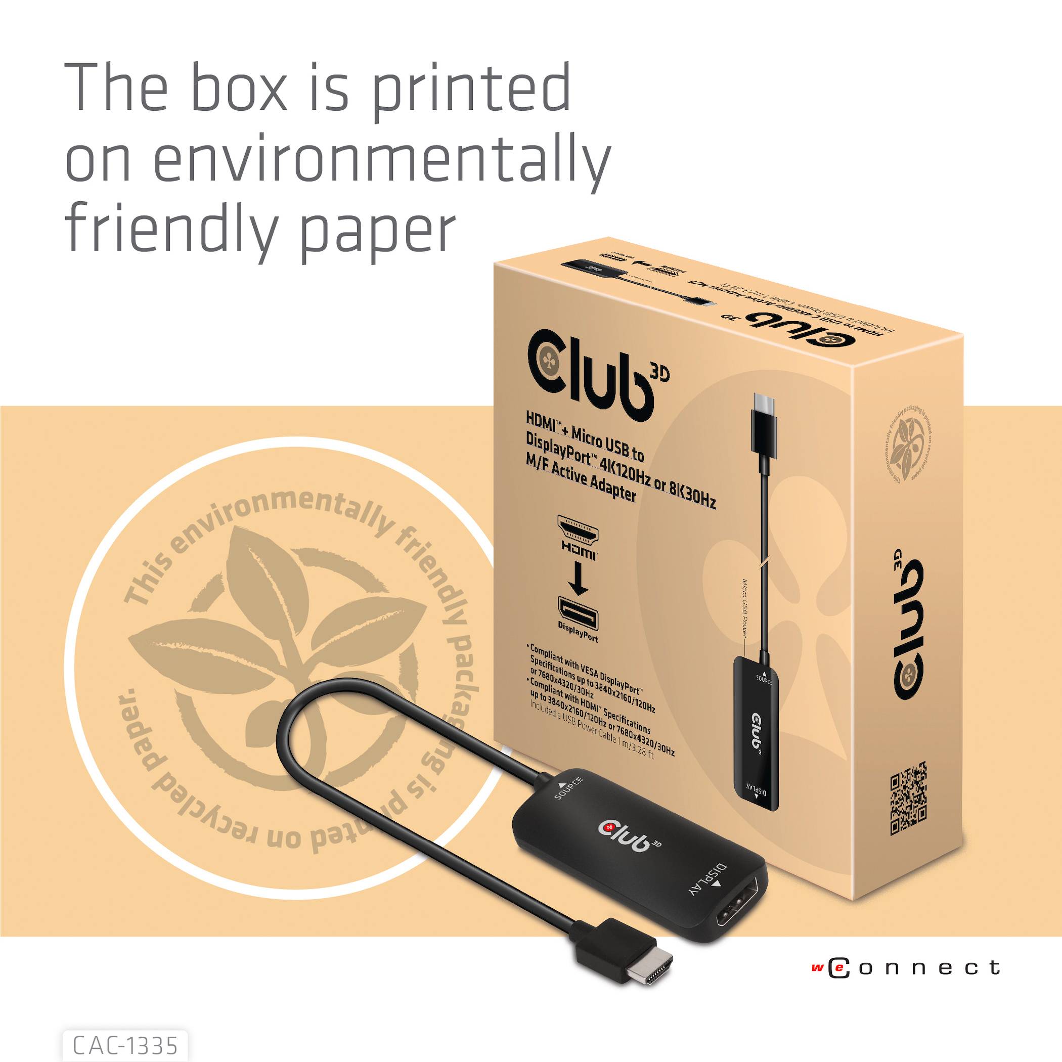 Club3D Adapter in een milieuvriendelijke verpakking. Tekst: 'De doos is gedrukt op milieuvriendelijk papier.'