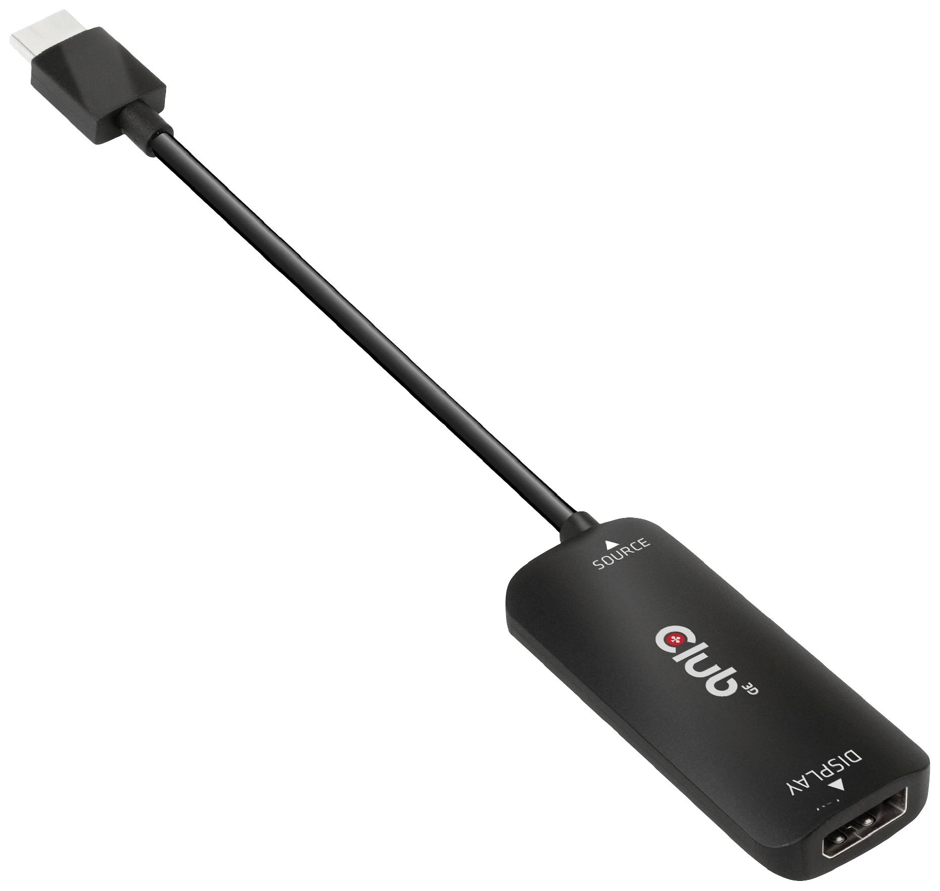 Een zwarte HDMI-naar-VGA-adapter 'Club 3D'. Links is de HDMI-stekker, rechts het VGA-uitgangsmodule met het merknaam.