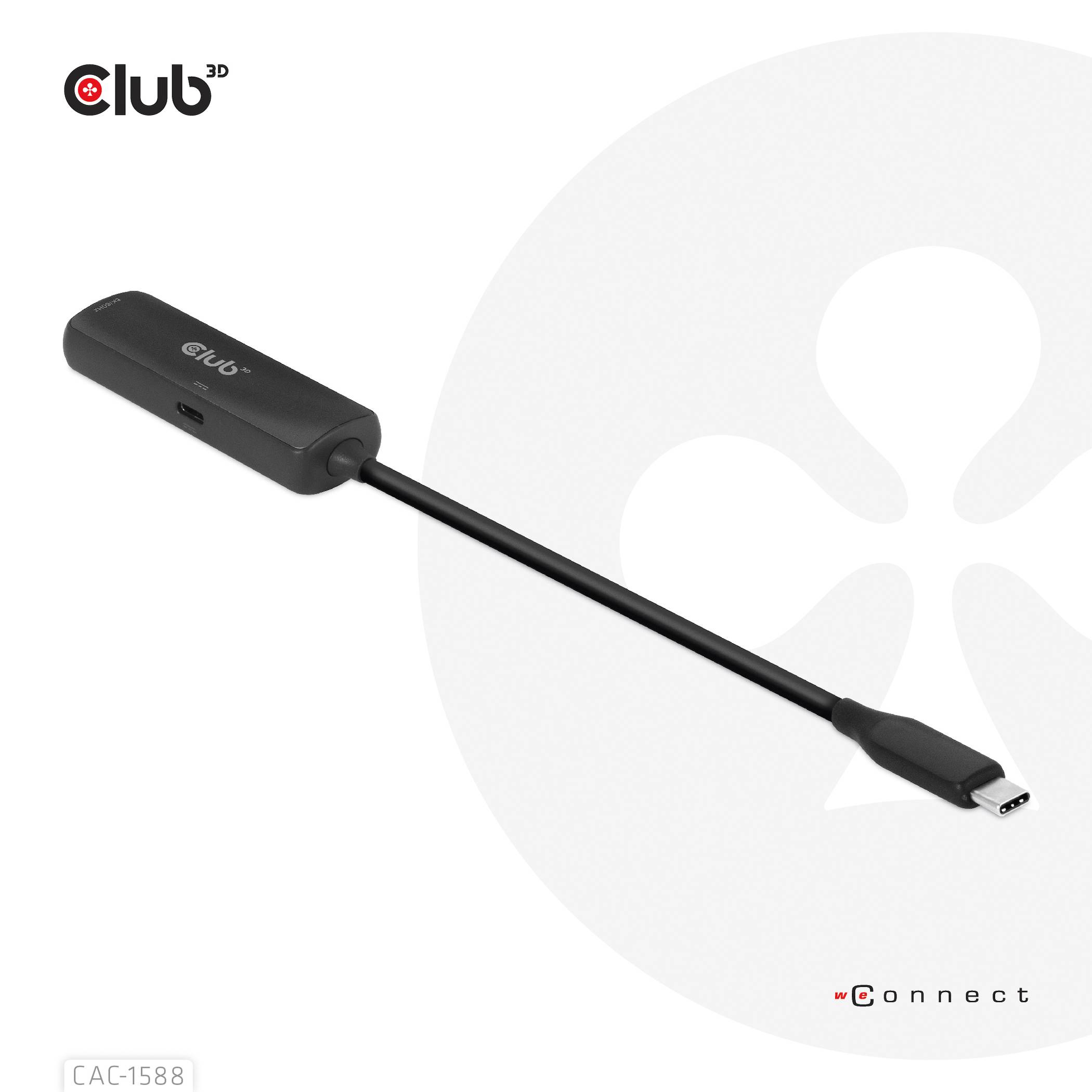 Een USB-C-adapterkabel van Club 3D met een aansluiting van USB-C naar HDMI-uitgang, afgebeeld voor een witte achtergrond.
