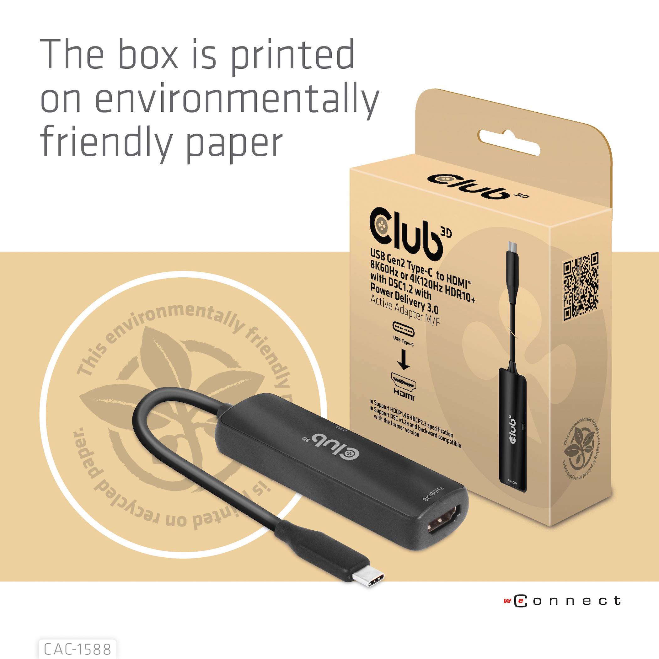 De adapter van Club3D verbindt USB-C met HDMI. Verpakking van milieuvriendelijk papier. Productafbeelding en verpakking zichtbaar.