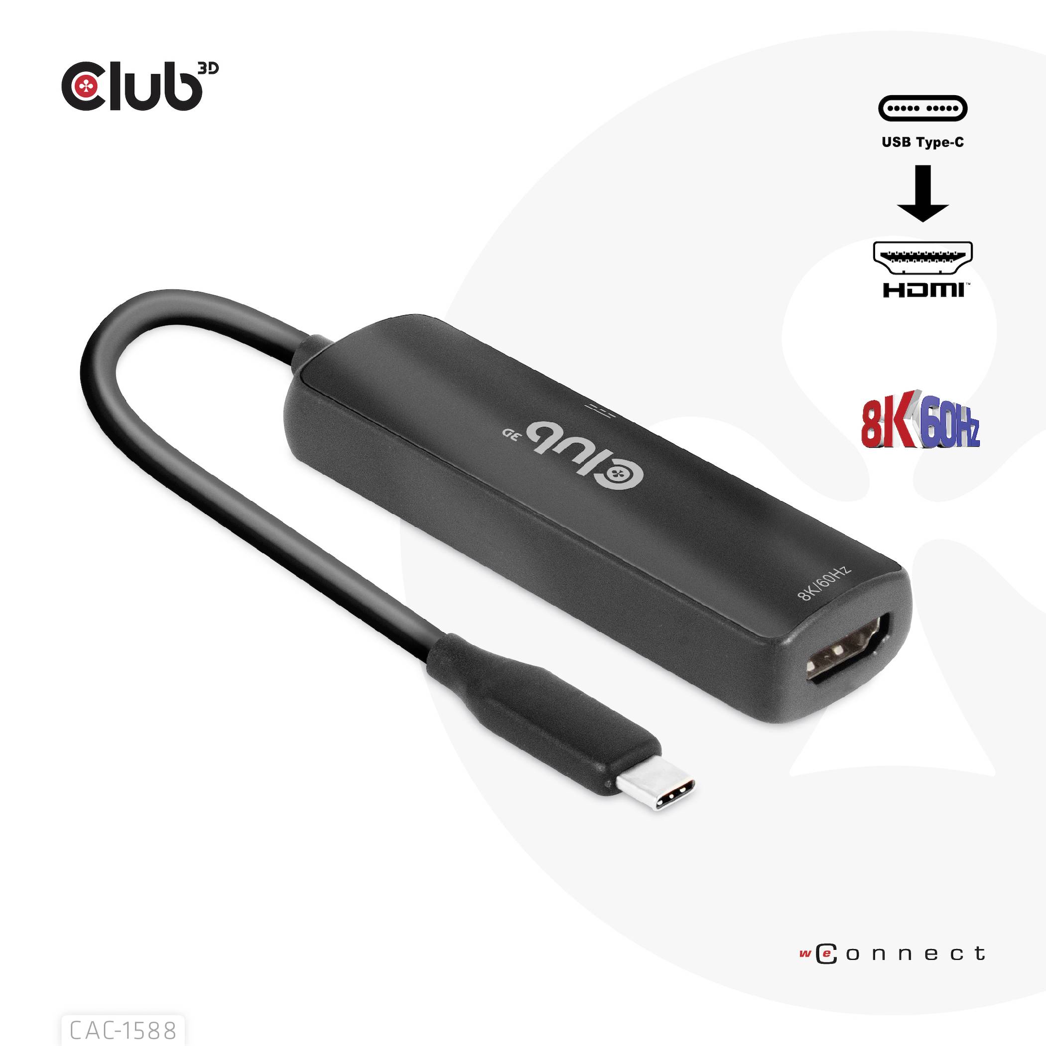 'Club 3D' USB-C naar HDMI 8K 60Hz Adapter. Verbindt apparaten met USB-C met HDMI-schermen. Ondersteunt hoge resolutie en beeldvernieuwingssnelheid.