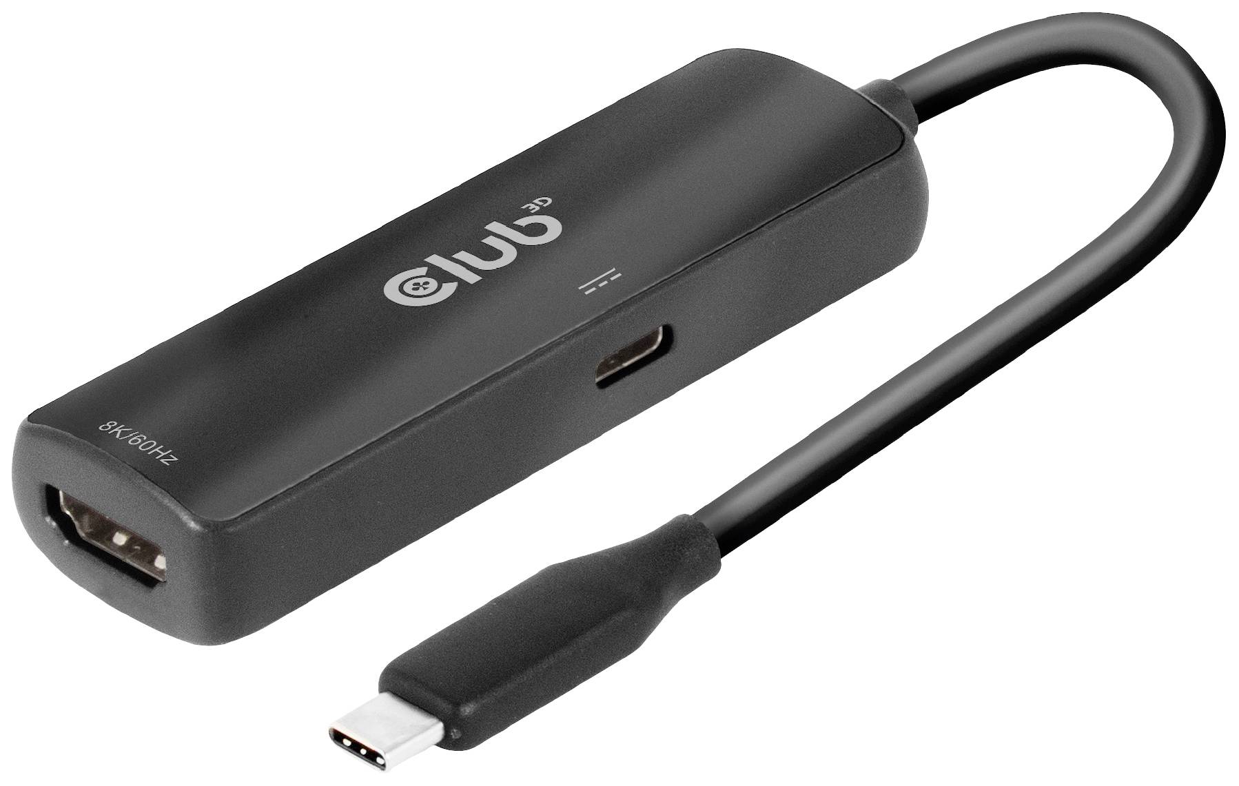 Een zwarte adapter met HDMI- en USB-C-aansluitingen, geschikt voor het verbinden van apparaten met verschillende interfaces.