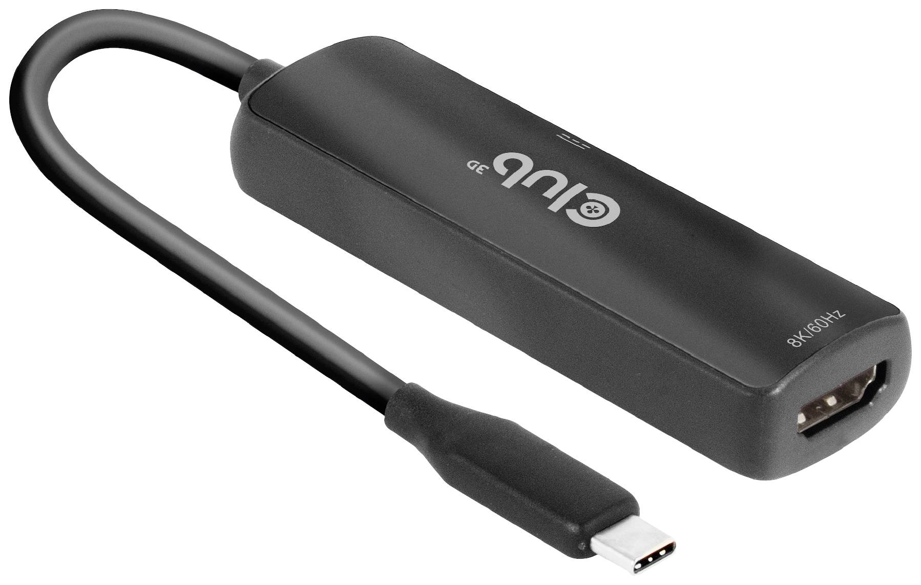 USB-C naar HDMI-adapter in het zwart met een kort kabel. Adapteromschrijving: '8K/60Hz'. Ideaal voor hoogresolutieve schermverbindingen.