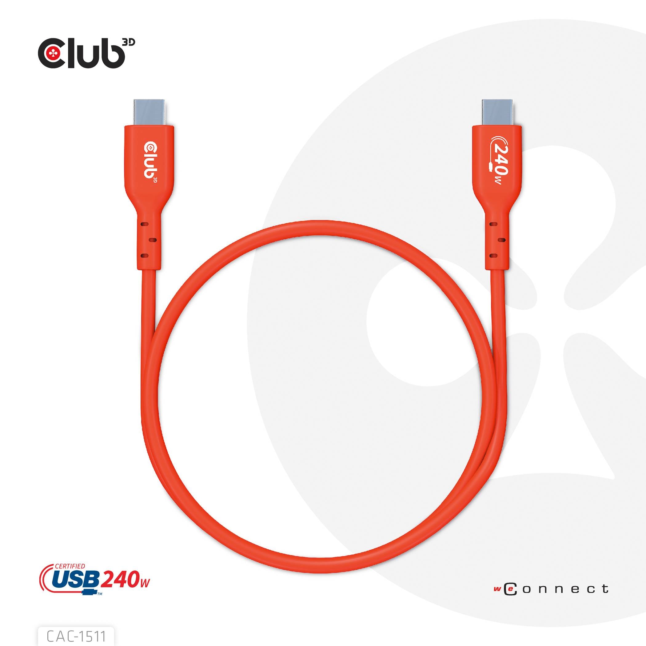 Een rood USB-kabel met de opdruk '240W' aan beide uiteinden, dat als 3D-product van 'Club' wordt gepromoot voor hoge prestaties.