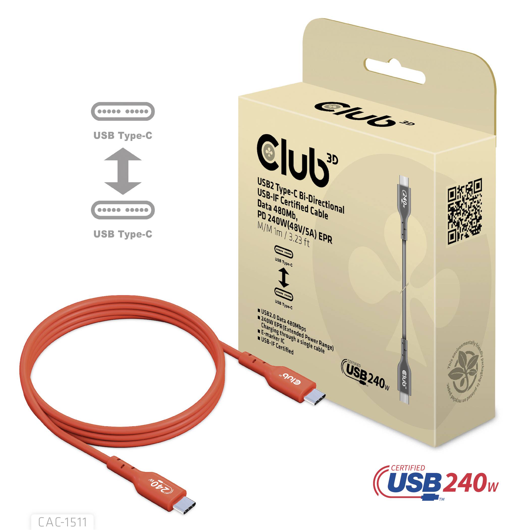 USB Type-C kabel met verpakking, 240W laadvermogen, Club3D merk, rood.