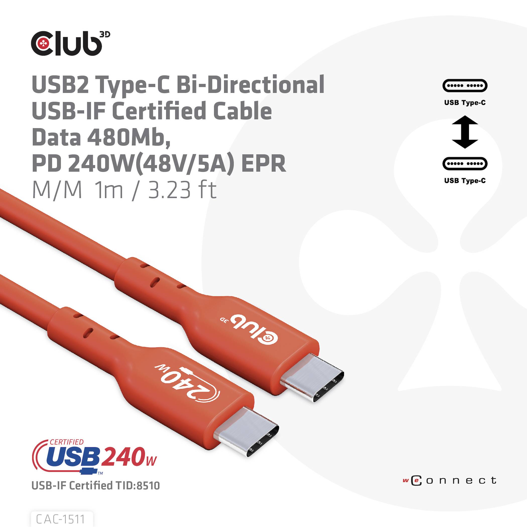 USB-C Kabel Club 3D bidirectioneel. Gecertificeerd, datasnelheid: 480 Mb/s, 240W PD. Kabellengte: 1m. Gebruikt voor snel opladen en gegevensoverdracht.