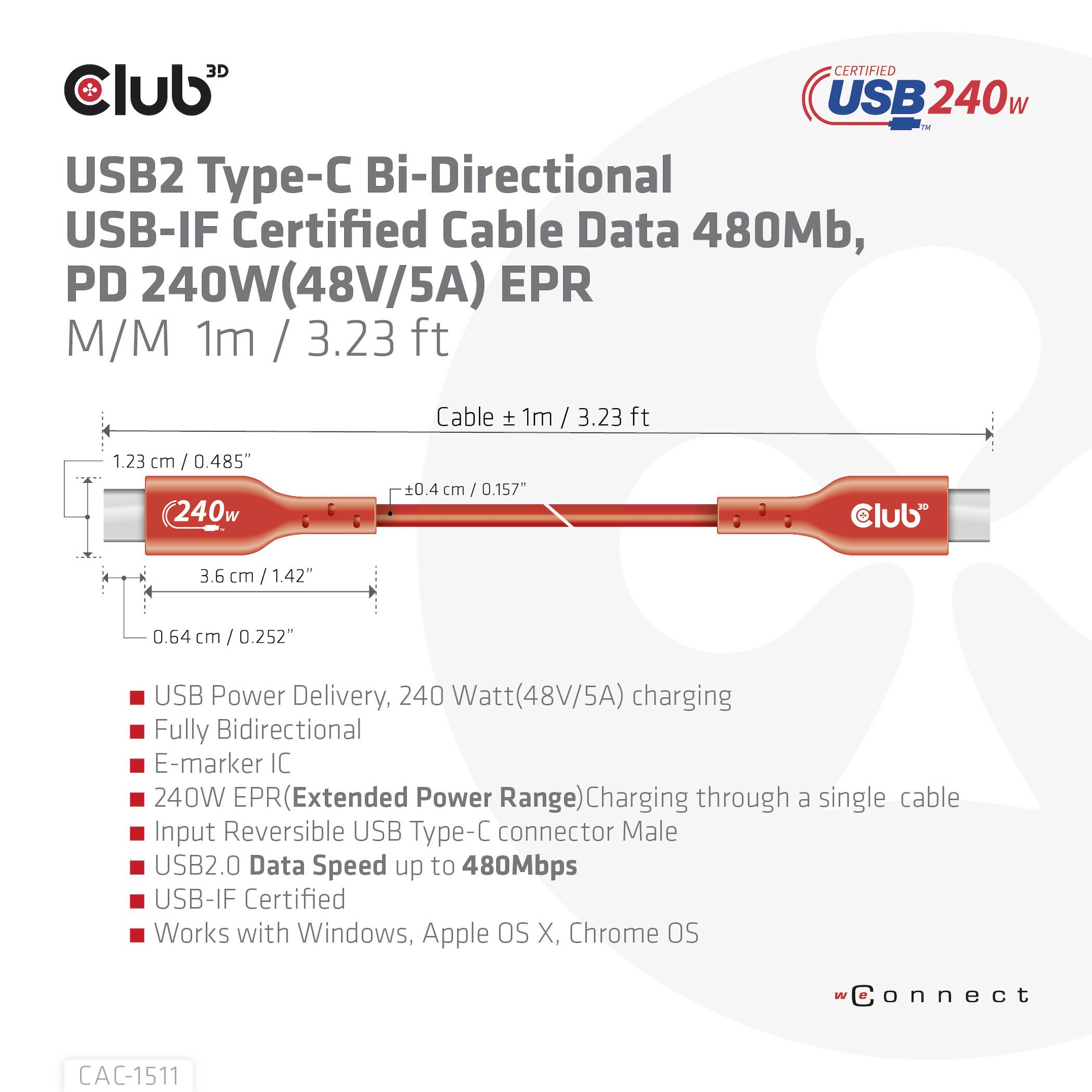 'USB2 Type-C Bi-Directionele USB-IF Gecertificeerde Kabel, 480Mb, 240W (48V/5A) EPR, 1m. Ondersteunt opladen en gegevensoverdracht.'