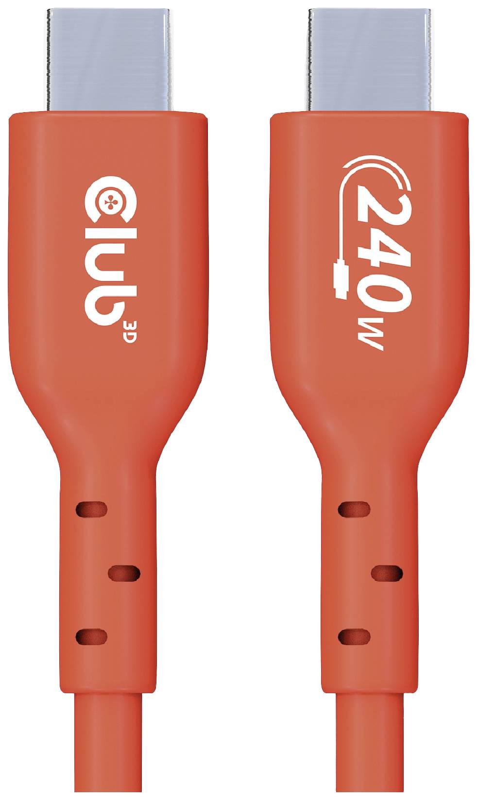 Een rood USB-C-kabel met twee connectoren, beide voorzien van de markering voor 240 Watt vermogen.