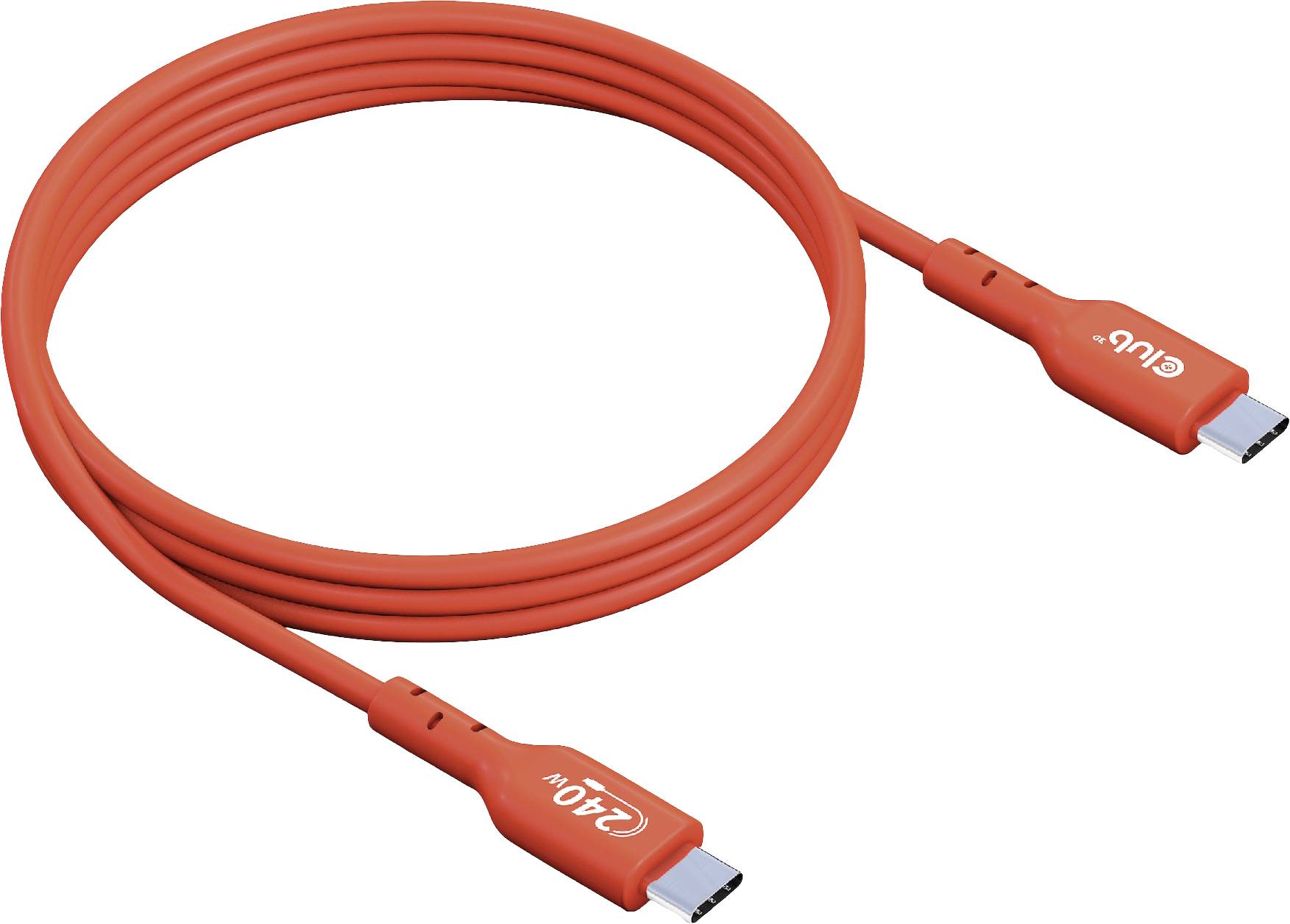Een lang, rood USB-C-kabel met de aanduiding '20V' op elke stekker. Geschikt voor het opladen of overdragen van gegevens van apparaten.