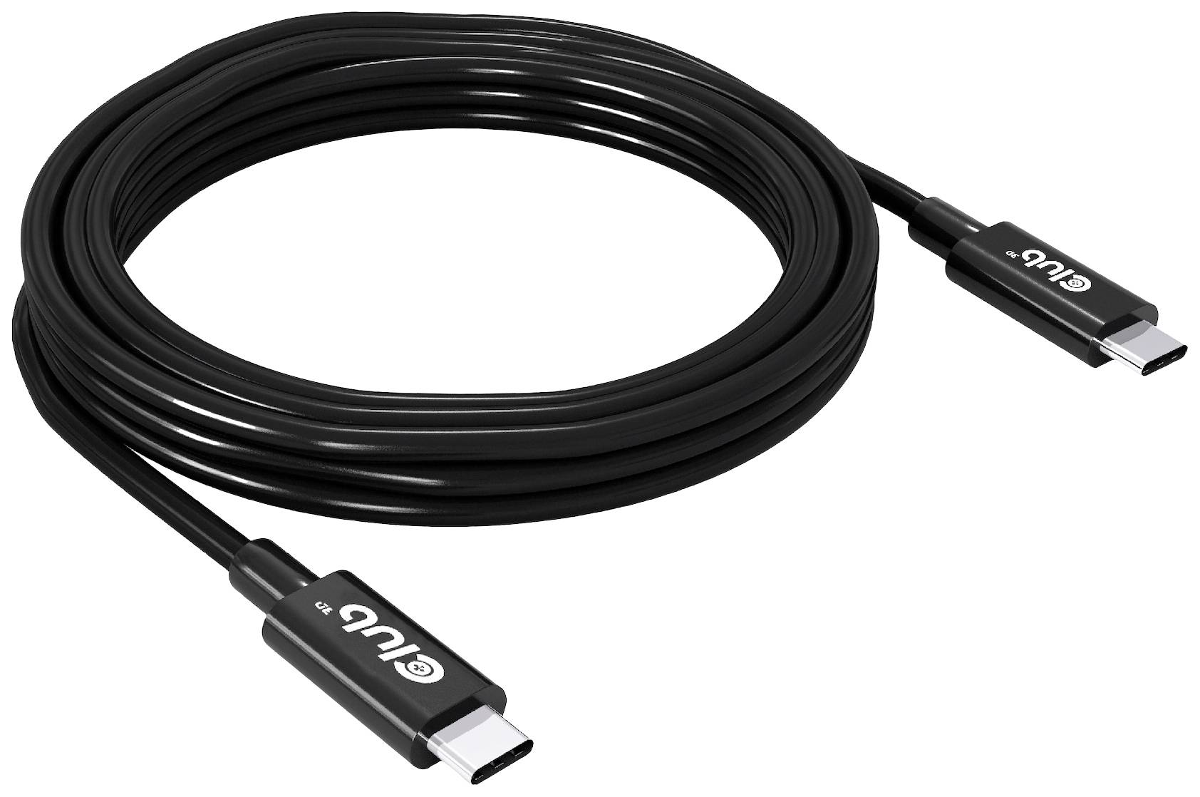 Een zwart USB-C-kabel die is opgerold. Beide uiteinden hebben USB-C-aansluitingen.