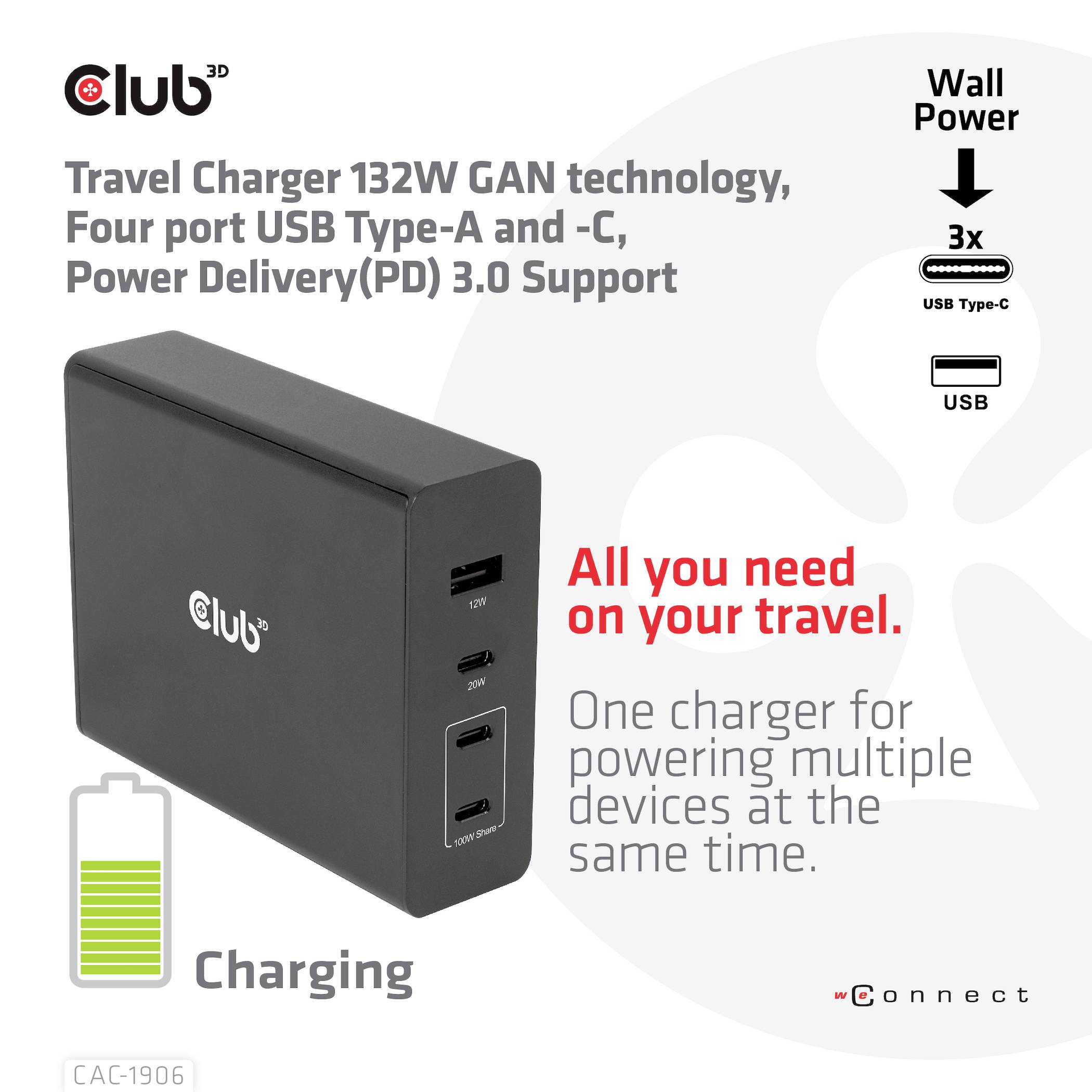 'Club 3D Reislader 132W GaN' met vier USB-poorten, Power Delivery 3.0. Tekst: 'Alles wat je onderweg nodig hebt.' en 'Één oplader voor het gelijktijdig opladen van meerdere apparaten.' Afbeelding toont oplader met laadweergave.