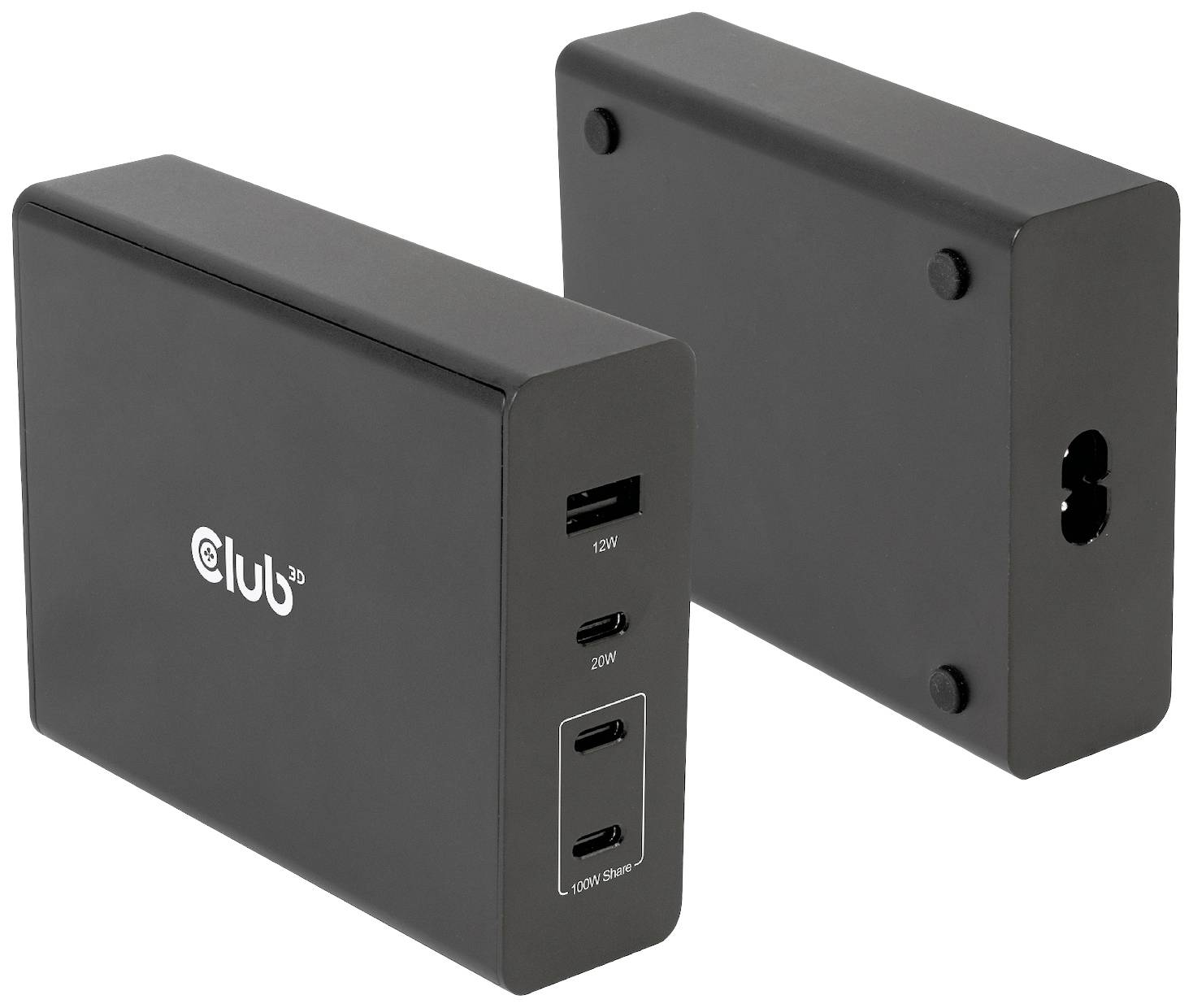 Zwart oplaadstation met meerdere USB-poorten, zijaanzicht en vooraanzicht. Duidelijke markeringen voor vermogen in watt.