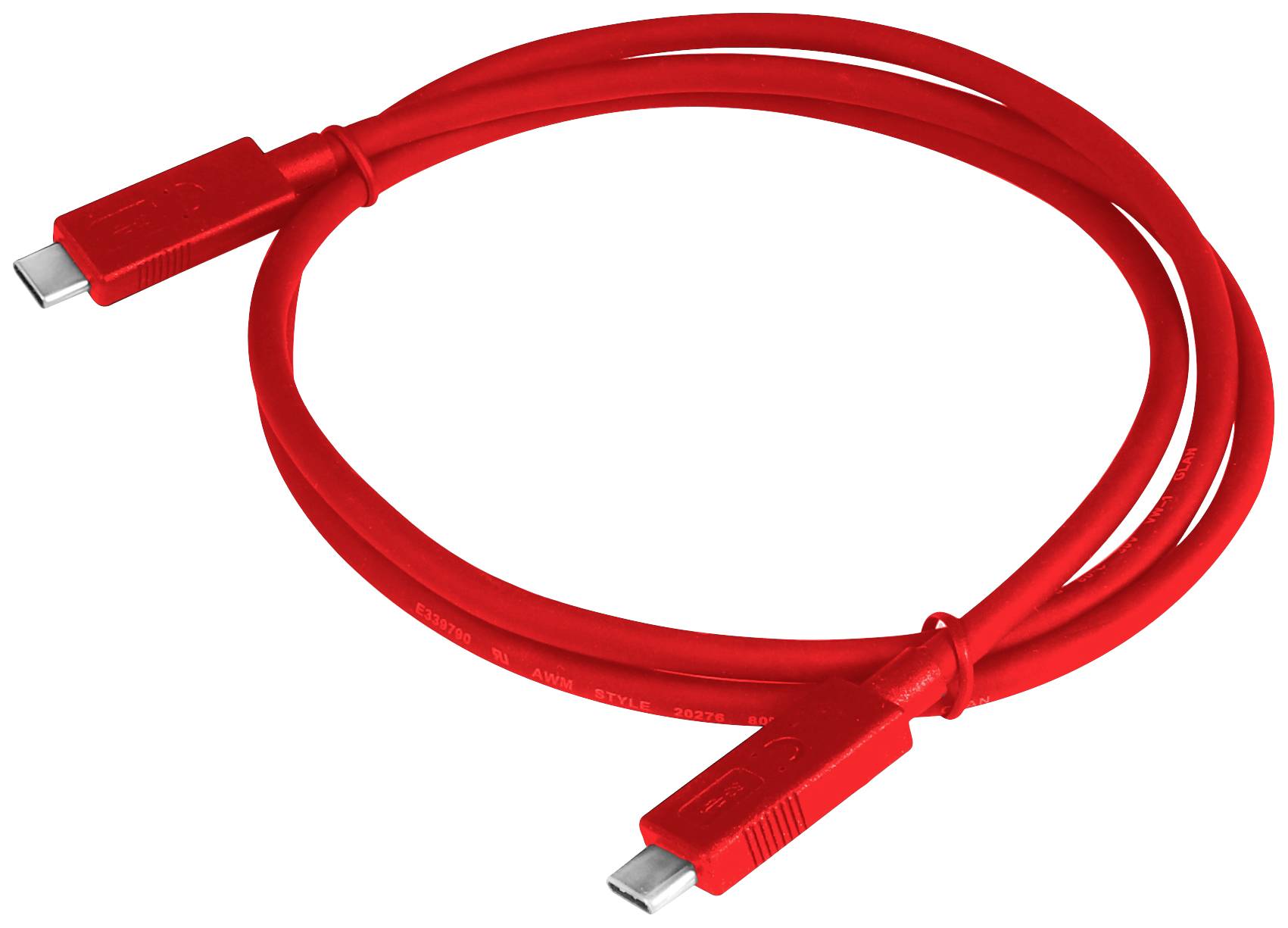 Een rood USB-C-kabel in een lus gelegd. Beide connectoren zijn zichtbaar.