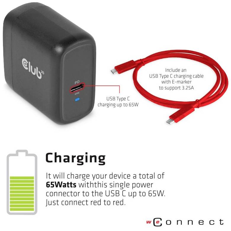 'Zwarte USB-C-oplader naast rode USB-C-kabel. Oplader ondersteunt tot 65 watt. Grafiek toont laadproces met groen batterijsymbool.'
