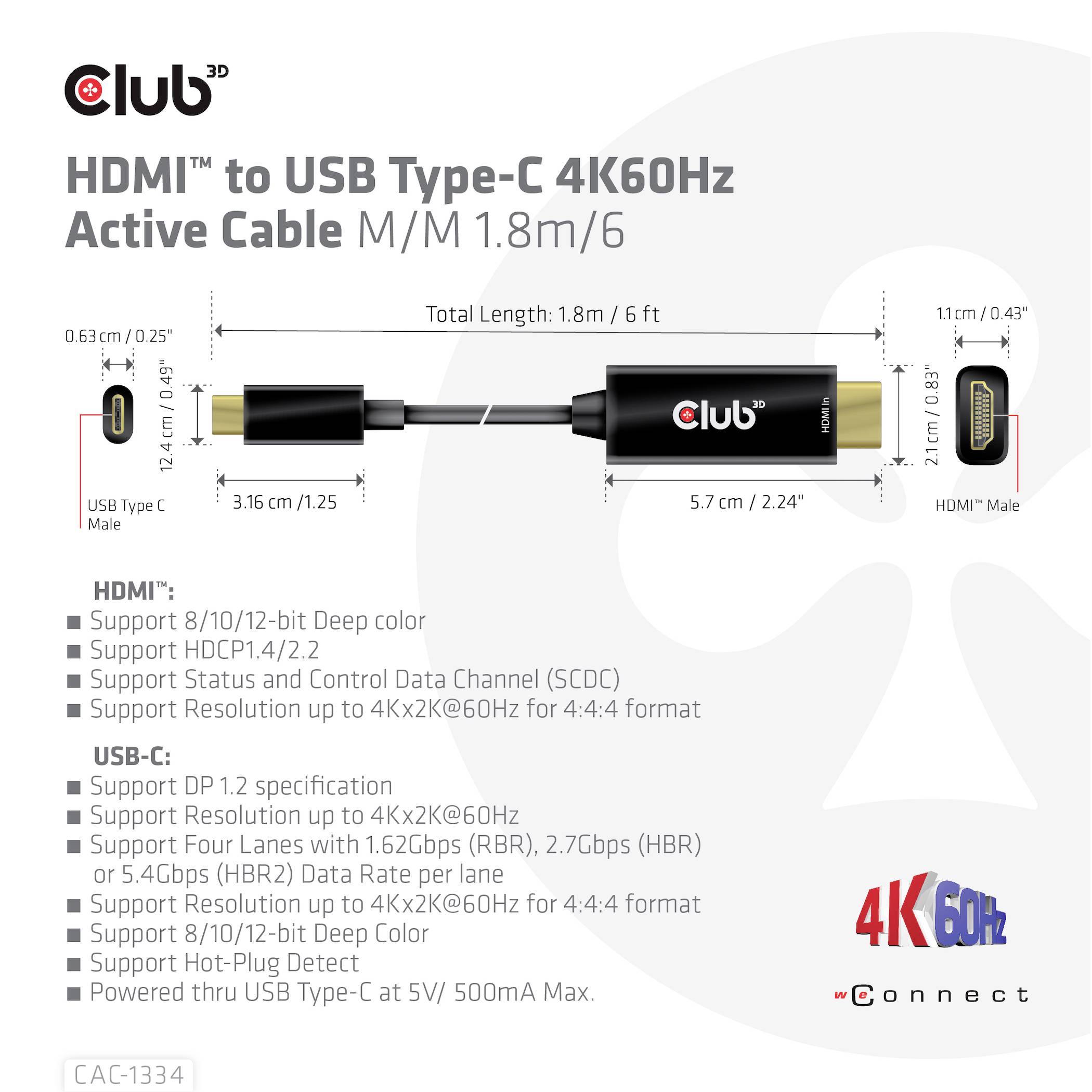 HDMI-naar-USB-C-kabel, 1,8 m. Zwart kabel met gouden connectoren. Ondersteunt 4K 60Hz. Compatibiliteit en specificaties gedetailleerd vermeld.