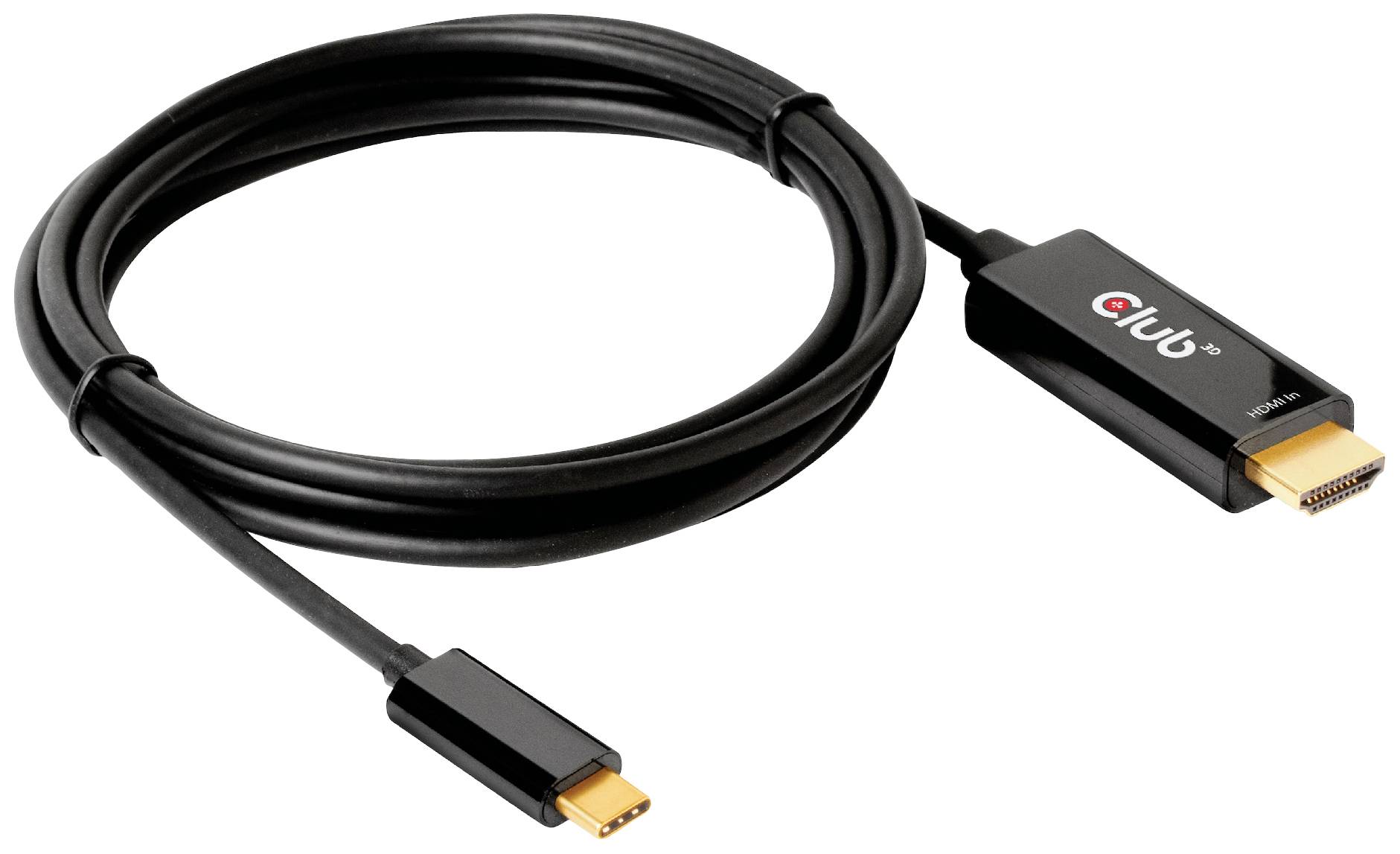 Een zwarte kabel met een HDMI-connector aan de ene kant en een USB-C-connector aan de andere kant, van Club3D.