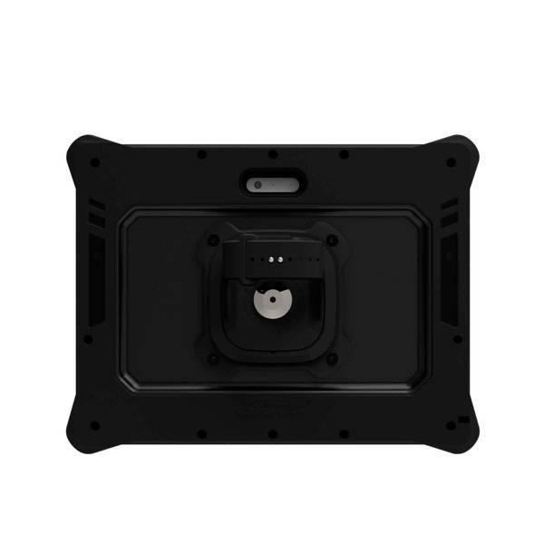 Achterkant van een tablet in een robuuste beschermhoes met camera-uitsparing bovenaan en houder in het midden, geschikt voor industriële toepassingen.