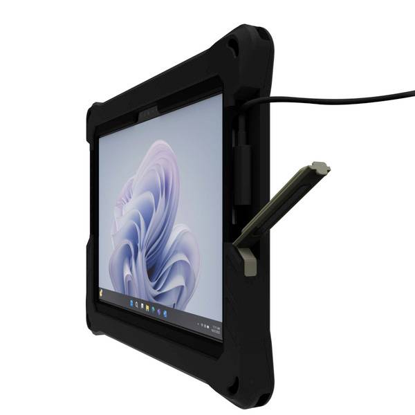 Een tablet met beschermhoes en aangesloten stylus, waarbij geometrische kunst op het scherm wordt weergegeven.