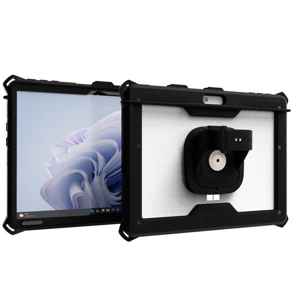 Een robuuste tablet met een zwarte beschermhoes. Op het scherm is een abstractie in pastelkleuren te zien.