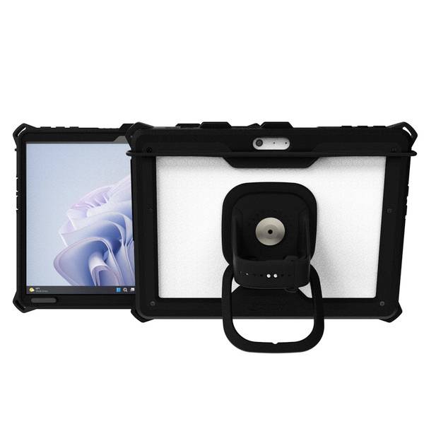 Een tablet met beschermhoes en standaard, vooraanzicht en achteraanzicht. Het display toont een abstract achtergrondbeeld.