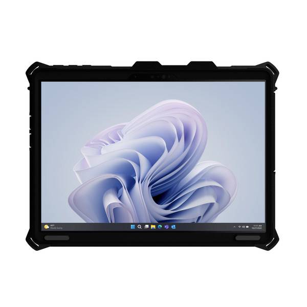 Een tablet met een zwart beschermhoes toont het startscherm van Windows met een symbolische bloemengrafiek.