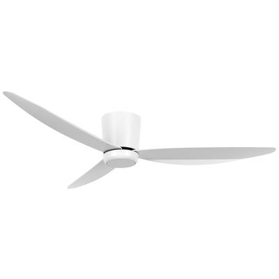 Een witte plafondventilator met drie brede, gladde vleugels, gemonteerd op een eenvoudige bevestiging. Ideaal voor minimalistisch interieurontwerp.