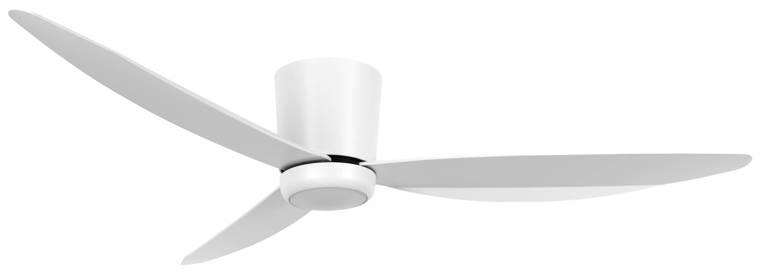 Plafondventilator met drie witte vleugels, modern design, bevestigd aan een witte steun.