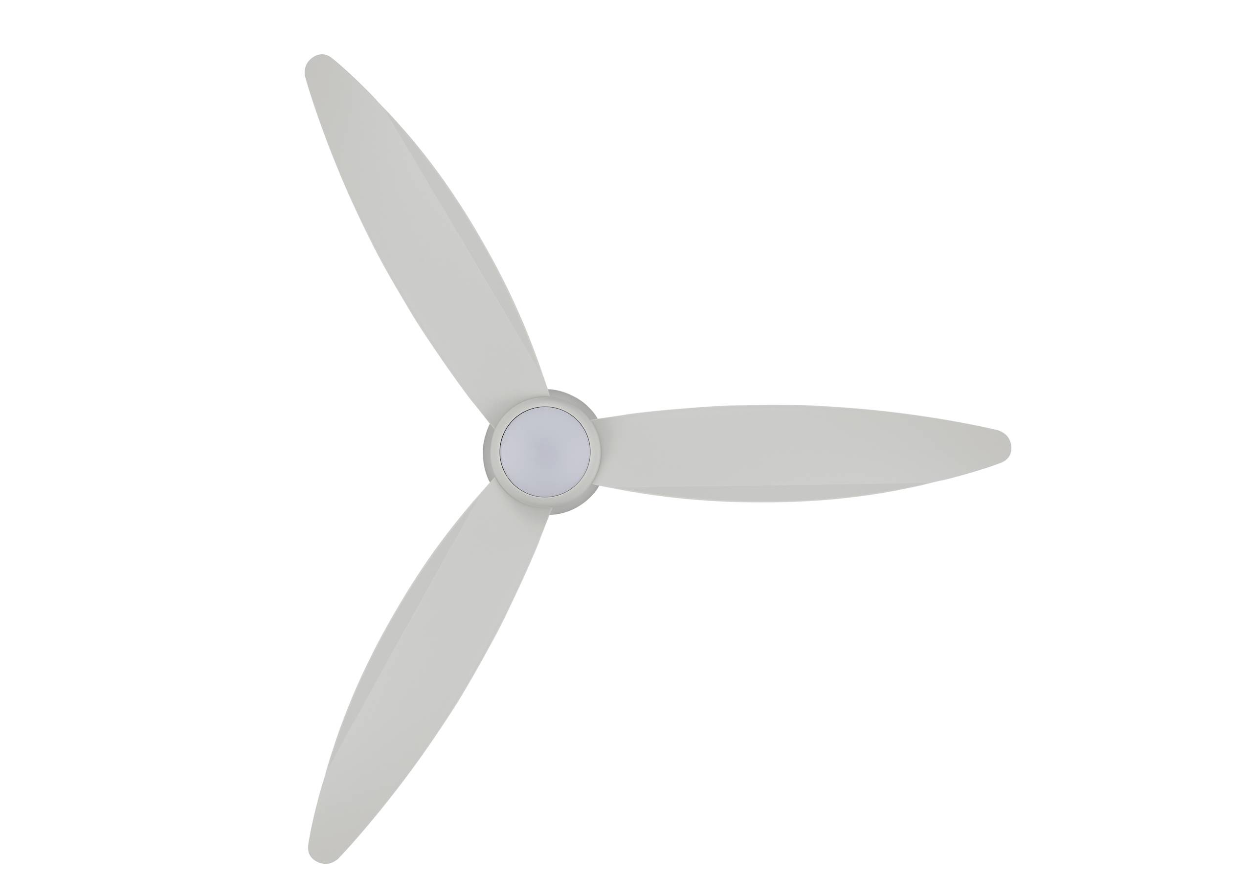 Driebladerige ventilator met gelijkmatig verspreide witte wieken in ruststand, voor een witte achtergrond.