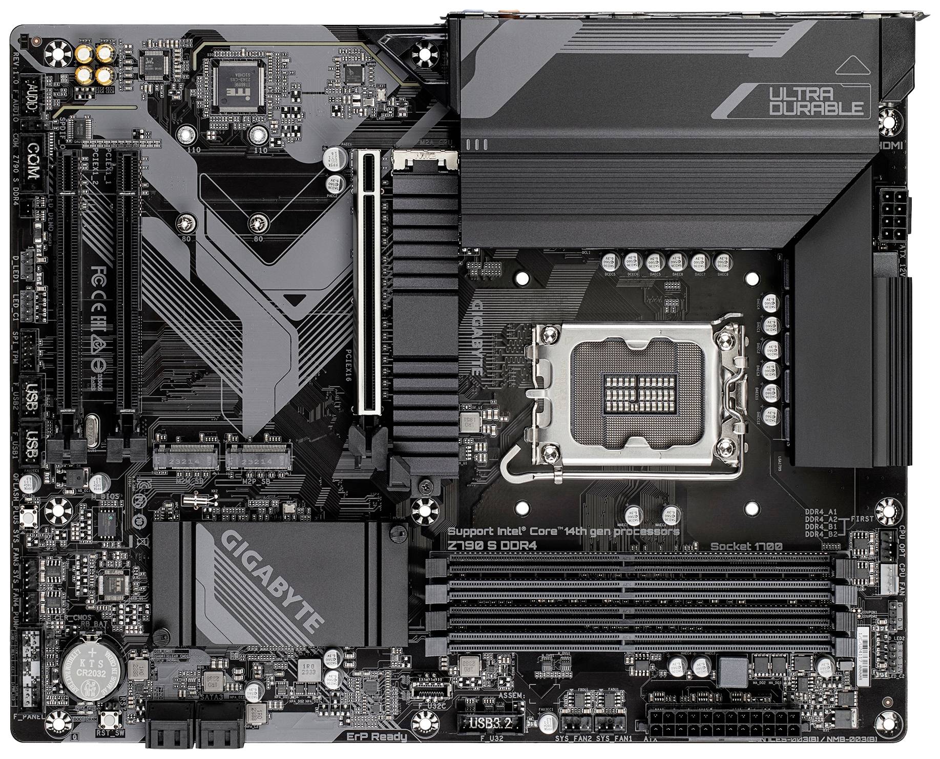 Een moederbord met een CPU-socket, meerdere RAM-sleuven en uitbreidingssleuven voor randapparatuur.