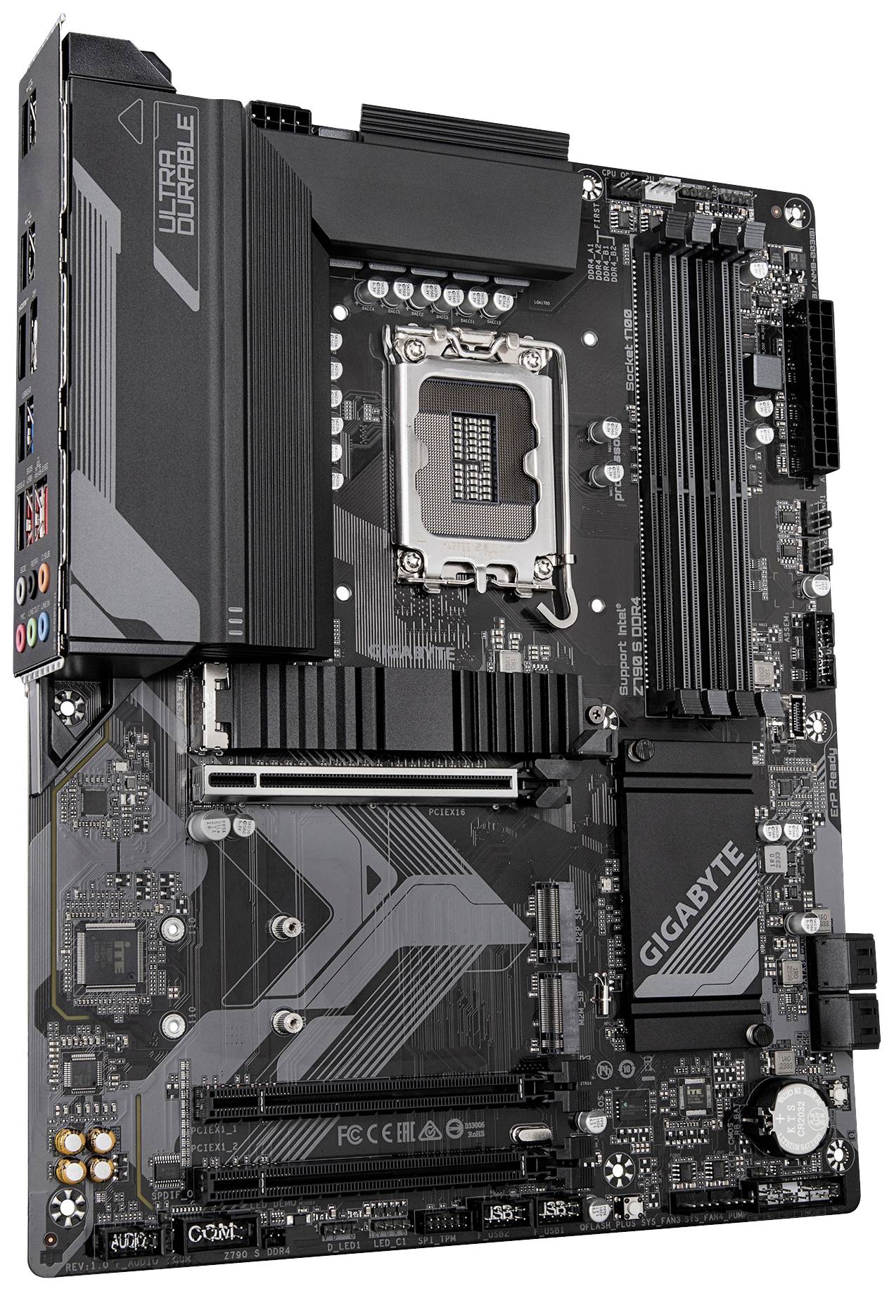 Een zwart moederbord met een CPU-socket, meerdere PCIe-sleuven, RAM-sleuven en koellichamen. Merklogo zichtbaar.