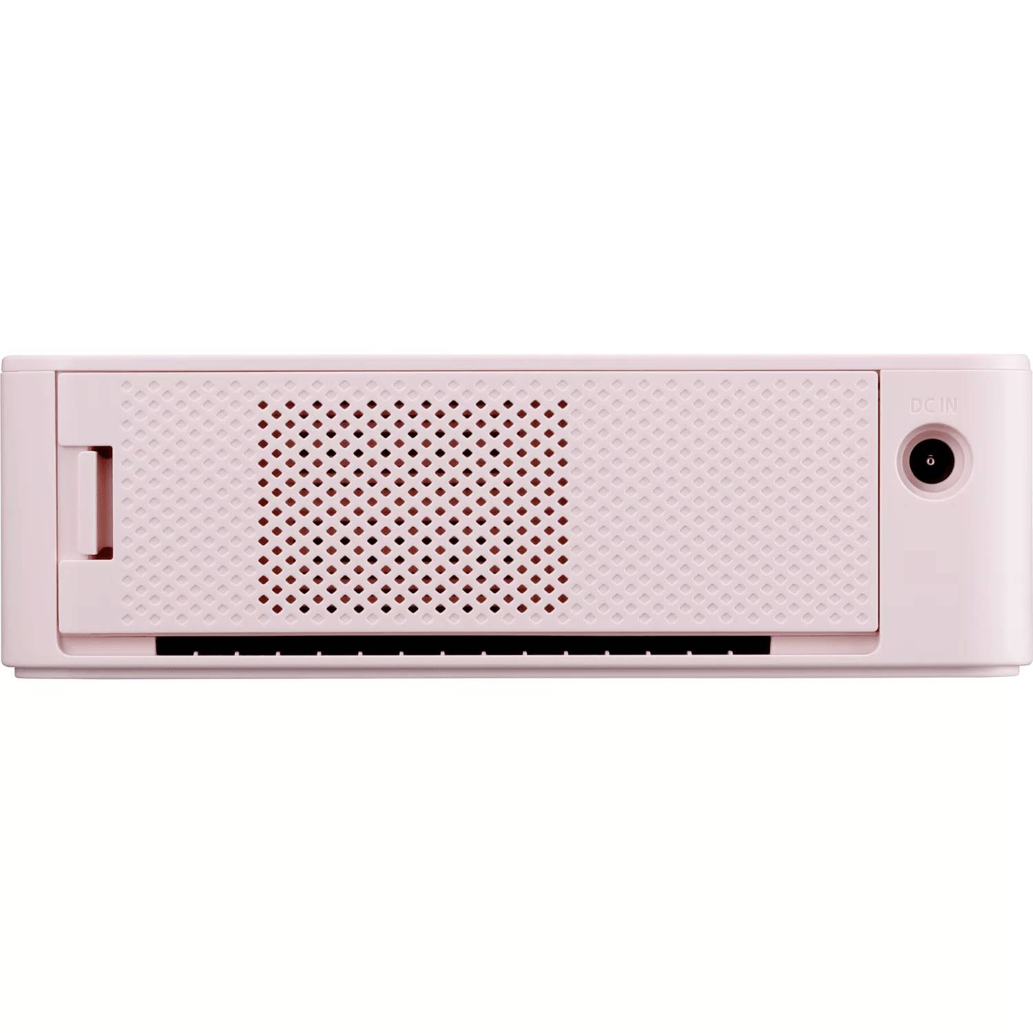 Een roze elektronisch apparaat met een ventilatierooster aan de voorkant en een aansluiting aan de rechterkant.