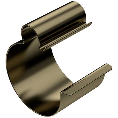 Metalen klem, cilindrische vorm, donkerbruine kleur. Gebruikt voor bevestiging of ondersteuning van cilindrische objecten.