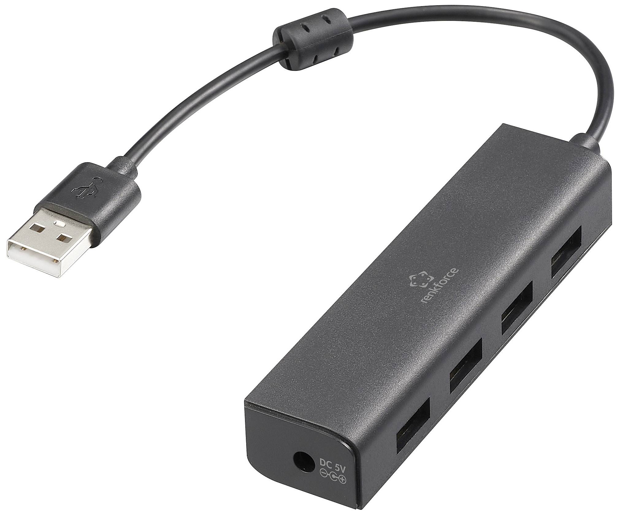 Een zwarte USB-hub met vier poorten en USB-kabel, geschikt voor het aansluiten van meerdere apparaten op een computer.