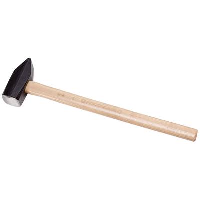 Een hamer met een houten steel en een gesmede metalen kop, plat aan de ene kant en rond aan de andere kant, ligt plat op een witte achtergrond.