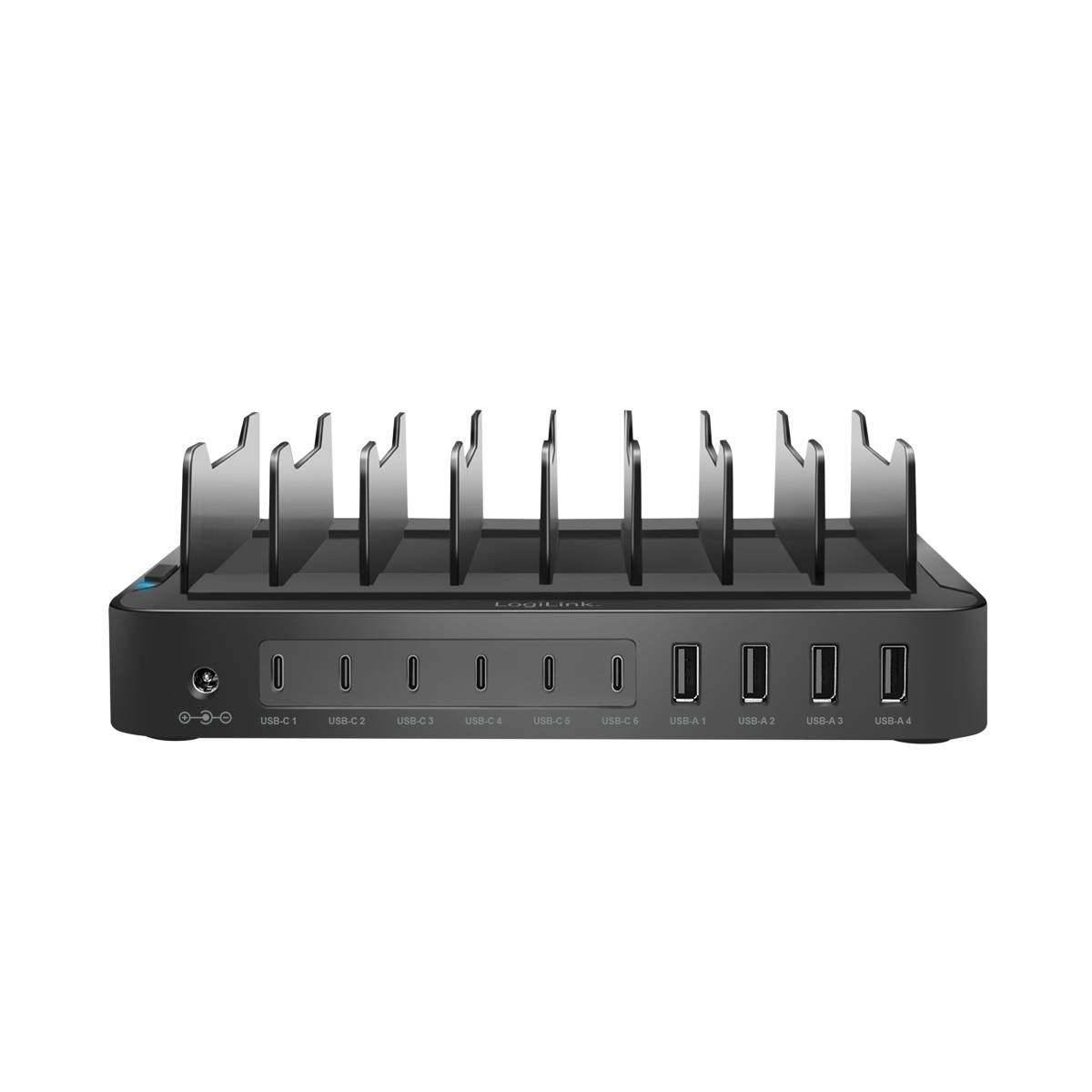 Zwart USB-laadstation met meerdere aansluitingen en aparte vakken voor apparaten. Ideaal voor het gelijktijdig opladen van meerdere toestellen.