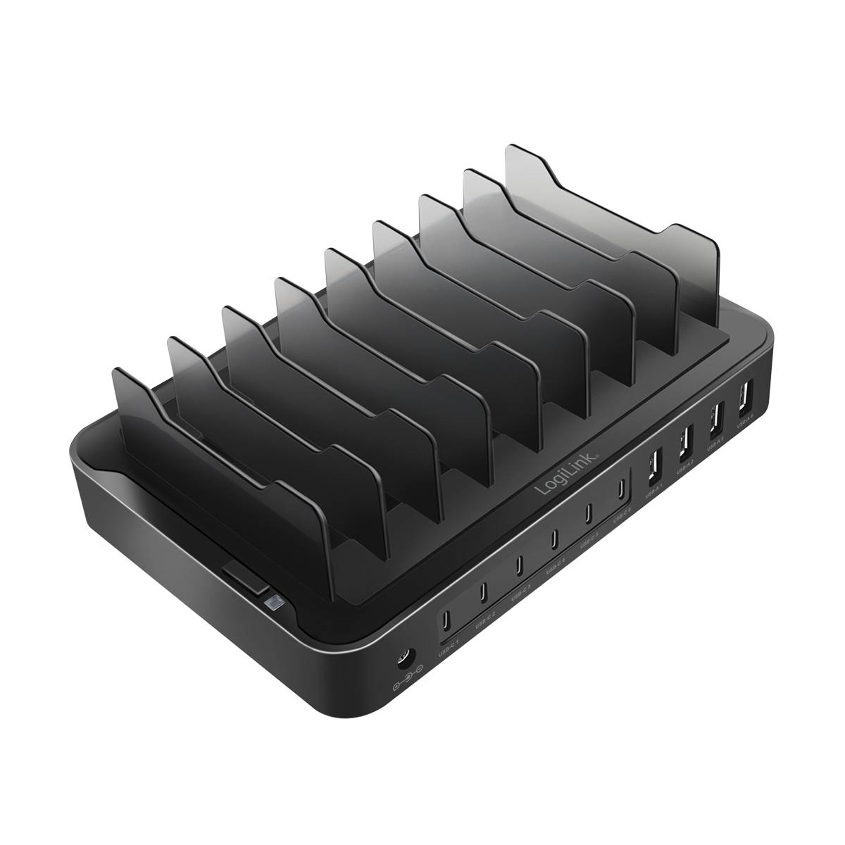 Zwart USB-laadstation met meerdere aansluitingen en USB-poorten, geschikt voor het gelijktijdig opladen van meerdere apparaten.