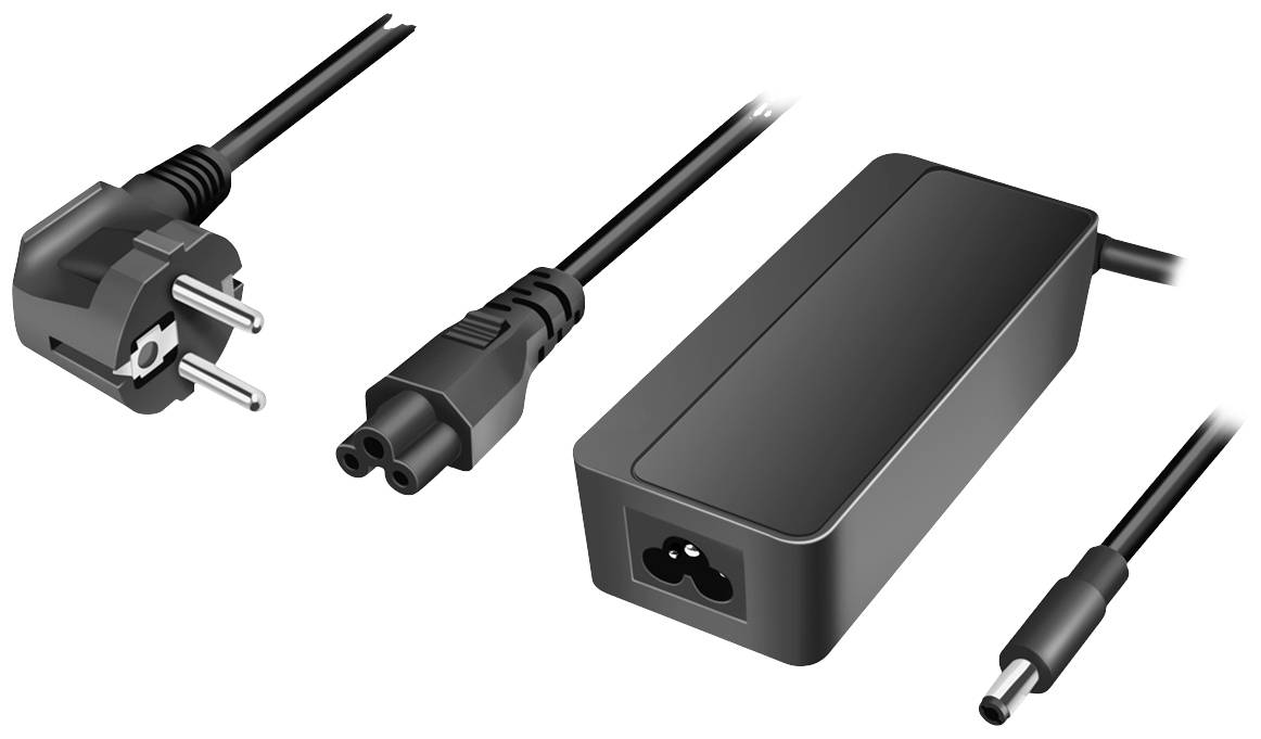 'Voedingsadapter met kabelaansluitingen voor laptop. Links een Schuko-stekker, in het midden het netsnoer en rechts de DC-aansluiting.'