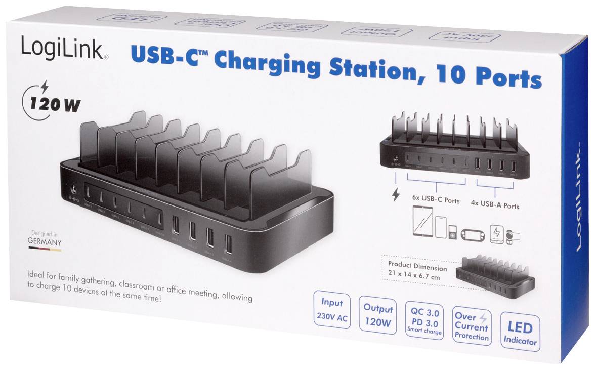 Laadstation met 10 USB-C-poorten van LogiLink, 120W vermogen. Geschikt voor kantoor of thuis, laadt tot 10 apparaten tegelijkertijd.
