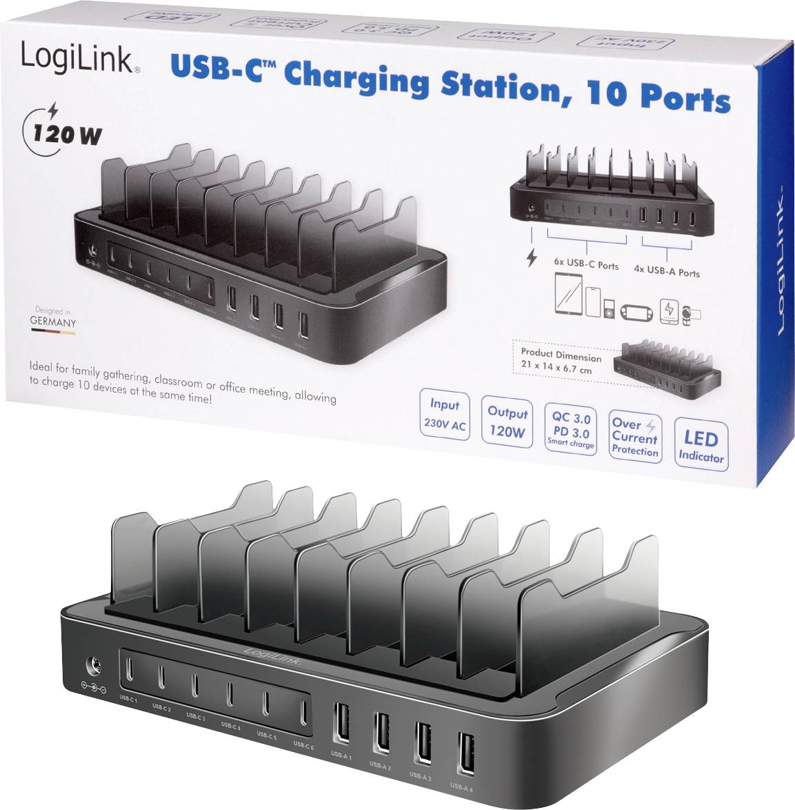 'USB-C Oplaadstation, 10 Poorten, 120W' staat op de verpakking van een laadstation met tien aansluitingen, geschikt voor kantoor of thuis.