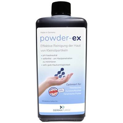 Fles met 'powder-ex', een huidreinigingsoplossing. Belooft pH-neutraliteit en huidverdraagzaamheid. Geschikt voor metaal en kunststoffen.