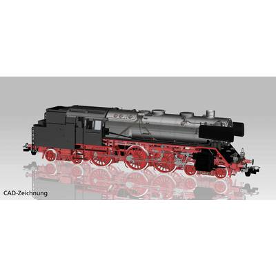 Een gedetailleerde CAD-tekening van een stoomlocomotief, zijaanzicht, toont complexe technische structuren en componenten.
