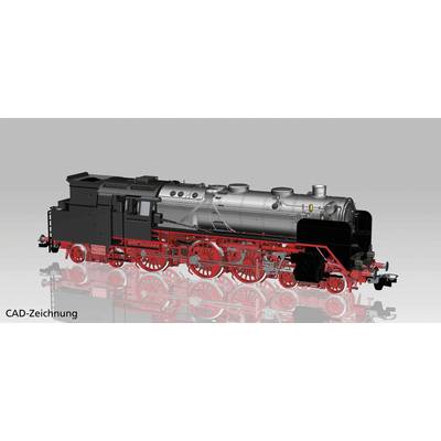CAD-tekening van een historische stoomlocomotief met een rood onderstel en een zwarte ketel, gezien van opzij.
