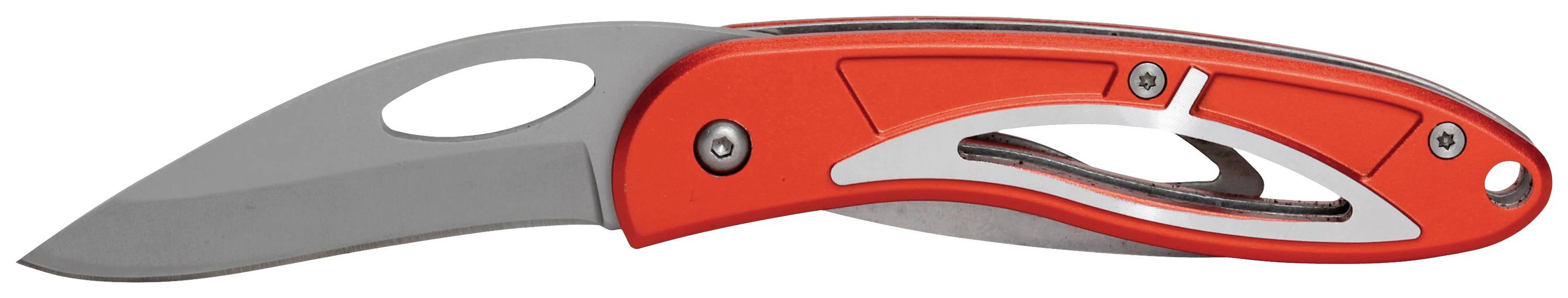 Een rood vouwmes met een gesloten, gebogen handvat en een zilveren lemmet.