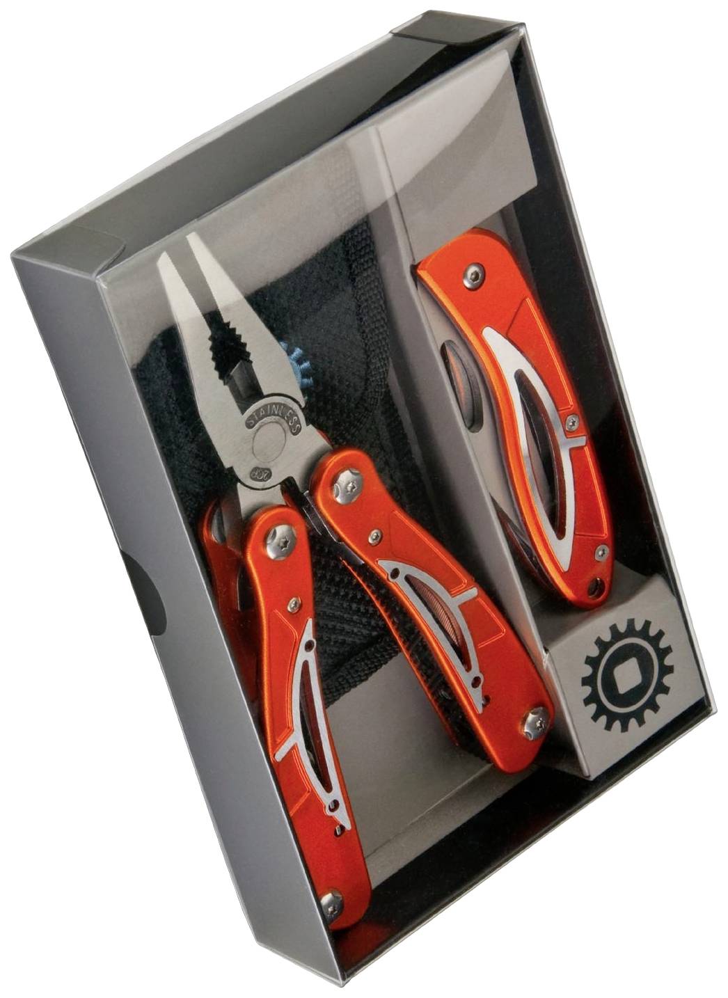 Multitool-set met oranje handgrepen in een verpakking. Bevat een tang en een opvouwmes. Gereedschapslogo in de hoek.