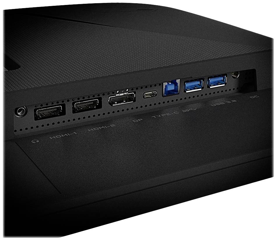 Achterkant van een computermonitor met meerdere aansluitingen: HDMI, drie USB-poorten, DisplayPort, USB-C en voedingsaansluiting.