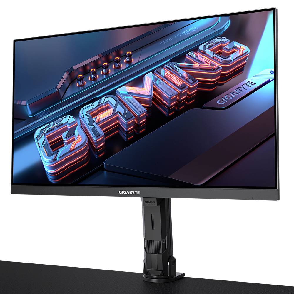 Een GIGABYTE gaming-monitor met een futuristisch 'GAMING'-logo op het scherm, geplaatst op een elegante standaard.