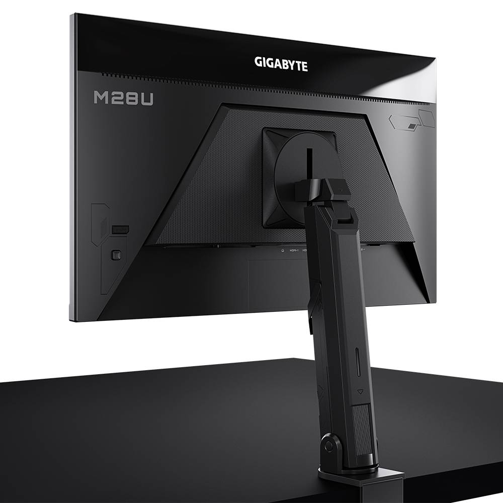 Een zwarte Gigabyte M28U-monitor van achteren, met verstelbare standaard, toont zijn slanke ontwerp.