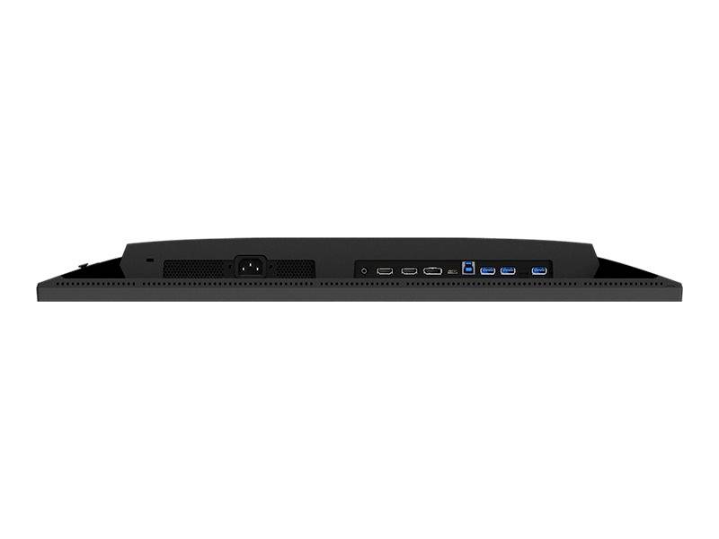 'Achterkant van een monitor met meerdere aansluitingsmogelijkheden: HDMI, DisplayPort, USB-poorten en netvoedingsaansluiting.'