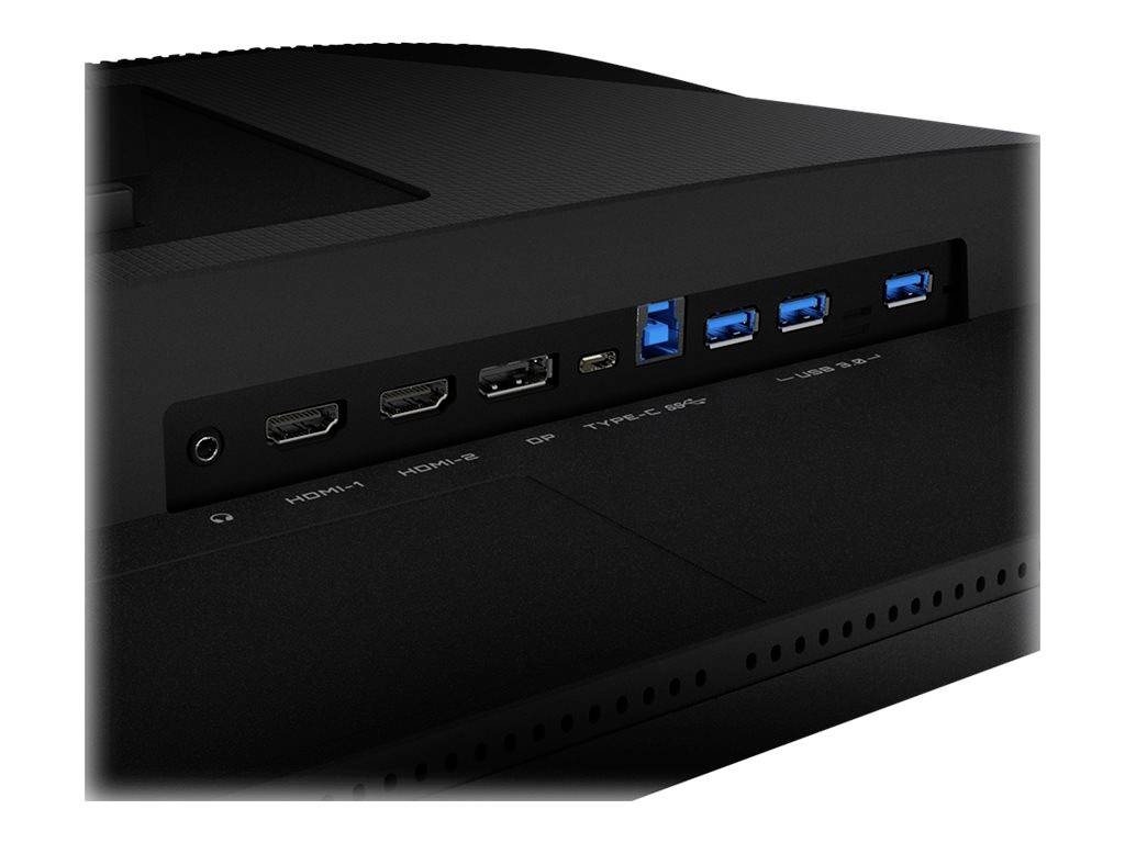 Achterkant van een monitor met meerdere aansluitingen, waaronder HDMI, DisplayPort en USB-poorten, voor een verscheidenheid aan verbindingsmogelijkheden.
