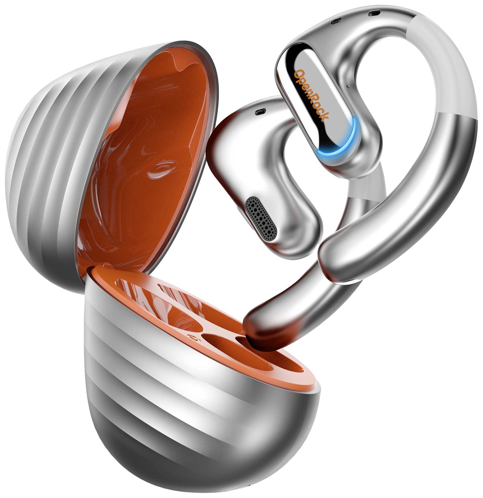 Open, zilveren oordoppen met een klein, oranje behuizing die een modern design benadrukt. Apparaatconcept voor sport of vrije tijd.